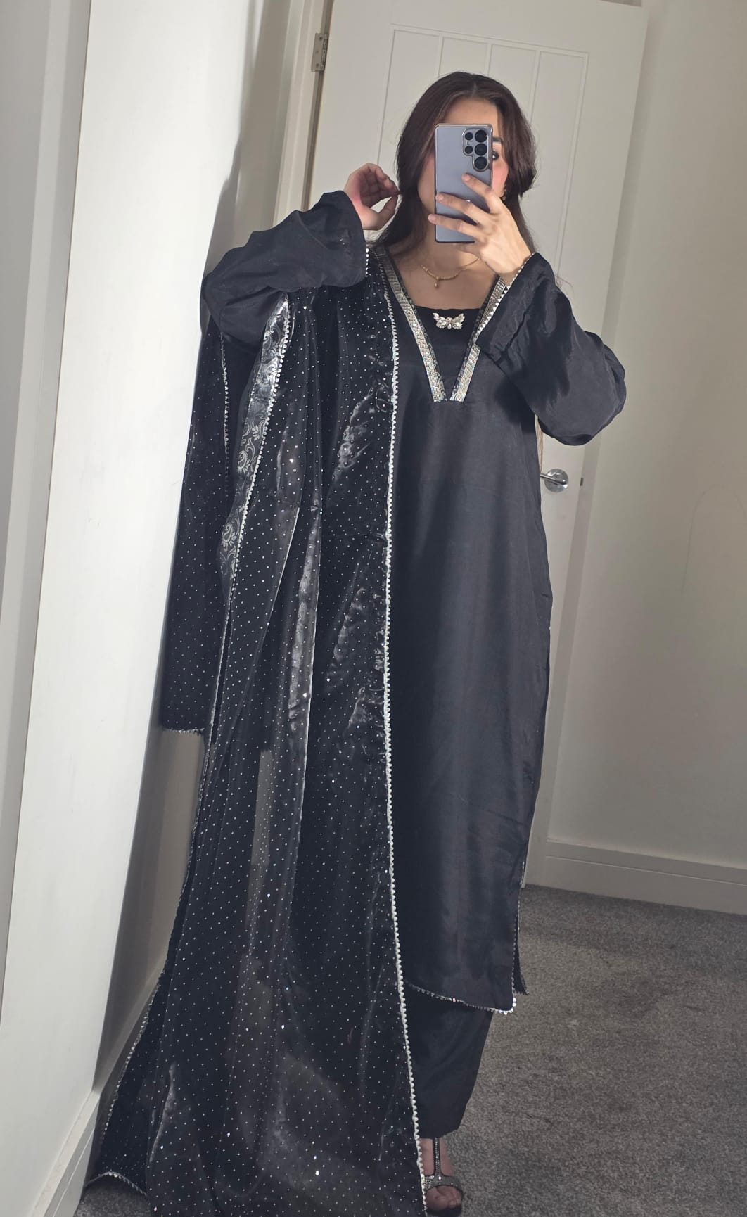 Uznau Grip Silk Three Piece Suit With Sheesha Silk Duppata UZ-SLK-BLK07