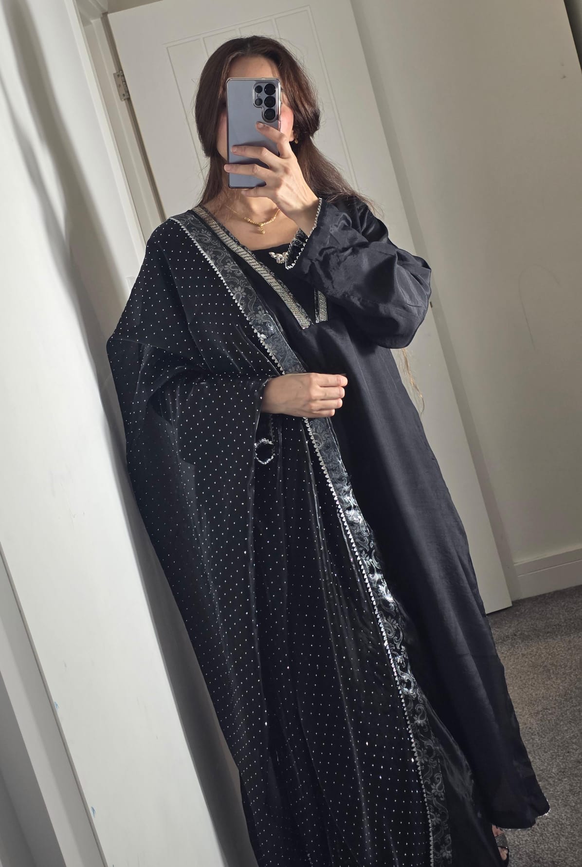Uznau Grip Silk Three Piece Suit With Sheesha Silk Duppata UZ-SLK-BLK07