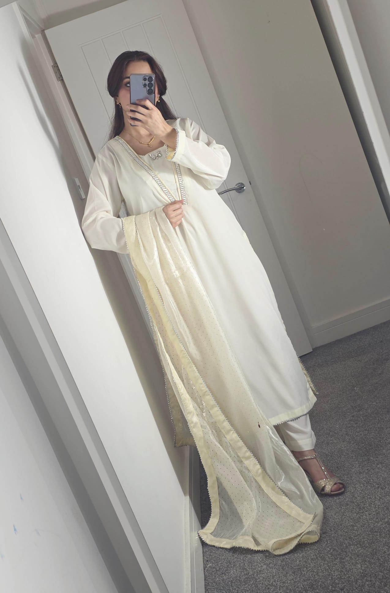 Uznau Grip Silk Three Piece Suit With Sheesha Silk Duppata UZ-SLK-WHT03