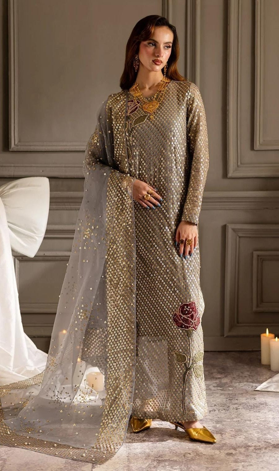 Uznau Chiffon Three Piece Suit UZ-CHF-GRY01