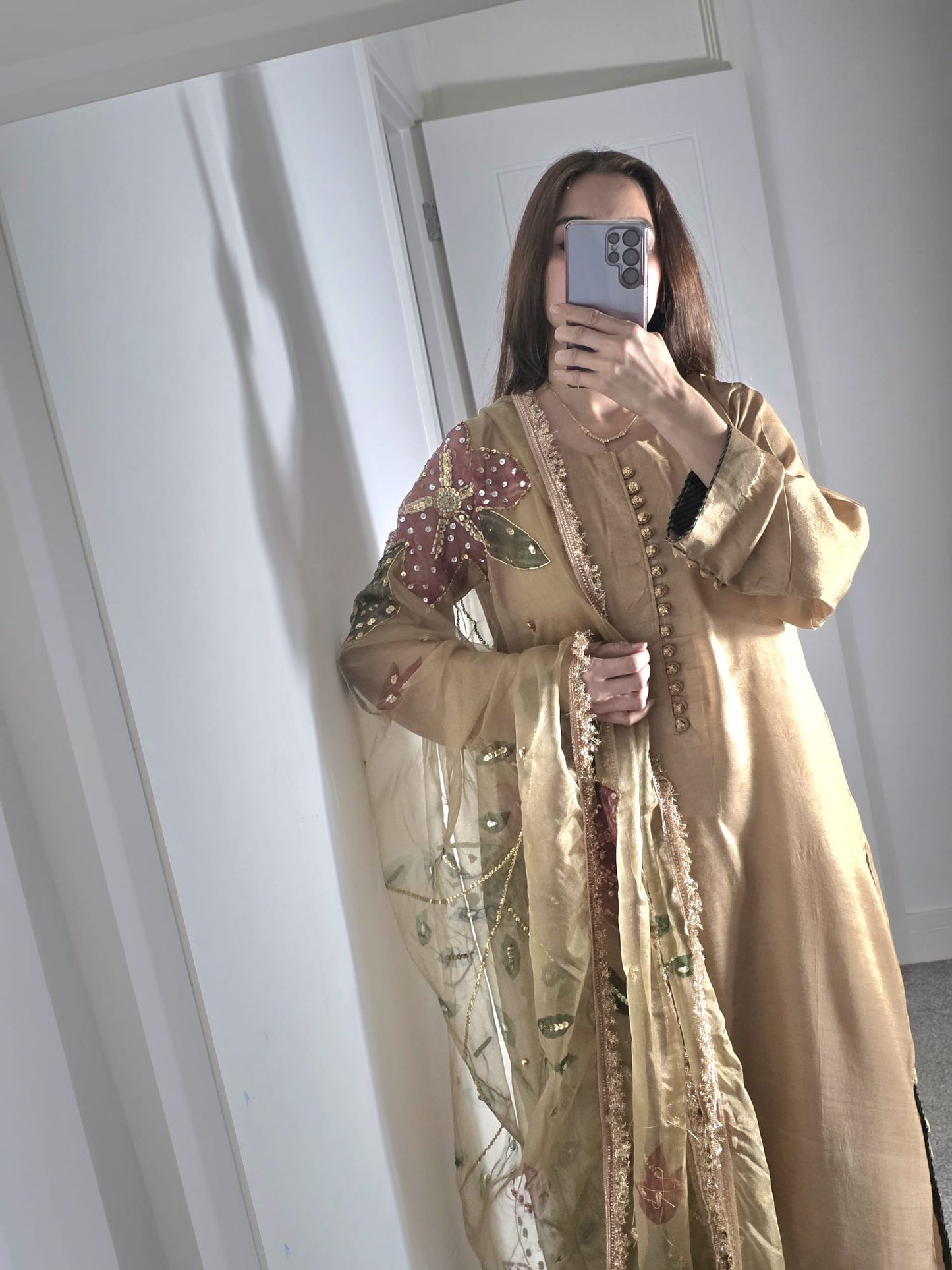Uznau Silk Three Piece Suit With Hand Painted Organza Dupatta UZ-SLK-BR03