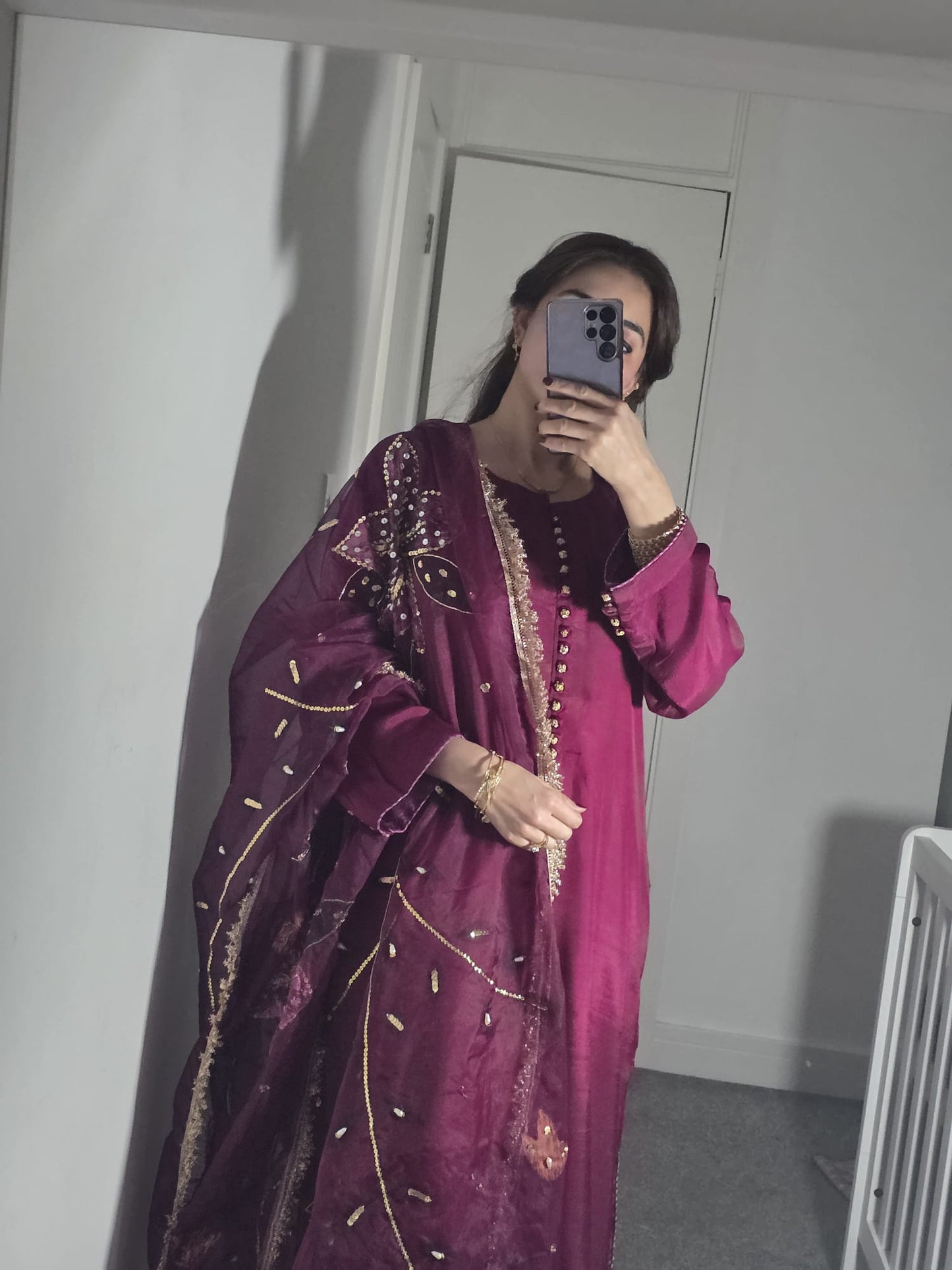 Uznau Silk Three Piece Suit With Hand Painted Organza Dupatta UZ-SLK-RD01