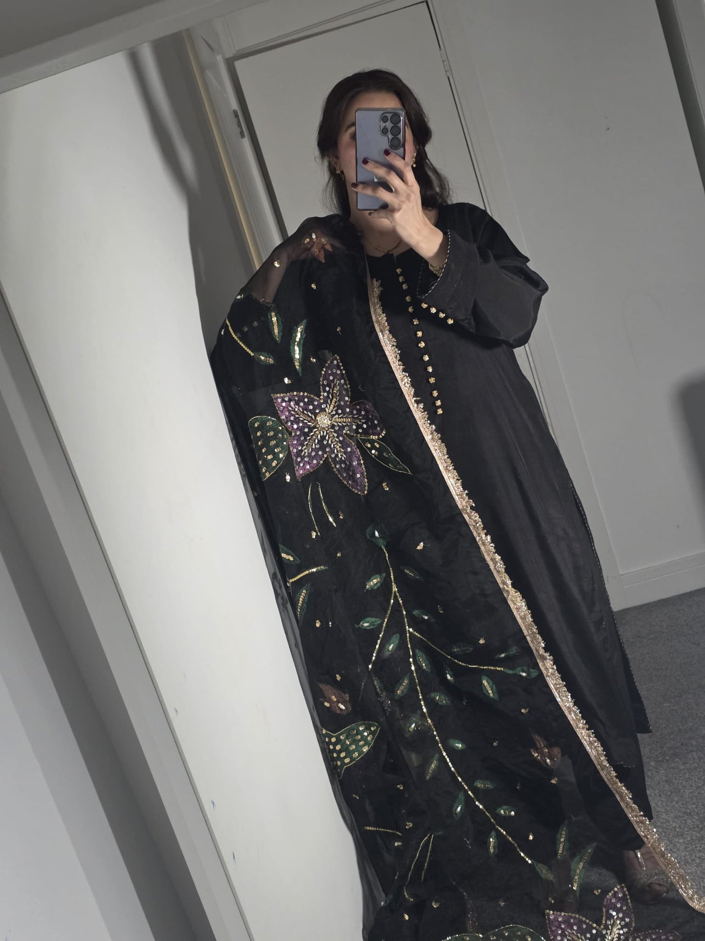 Uznau Silk Three Piece Suit With Hand Painted Organza Dupatta UZ-SLK-BLK06