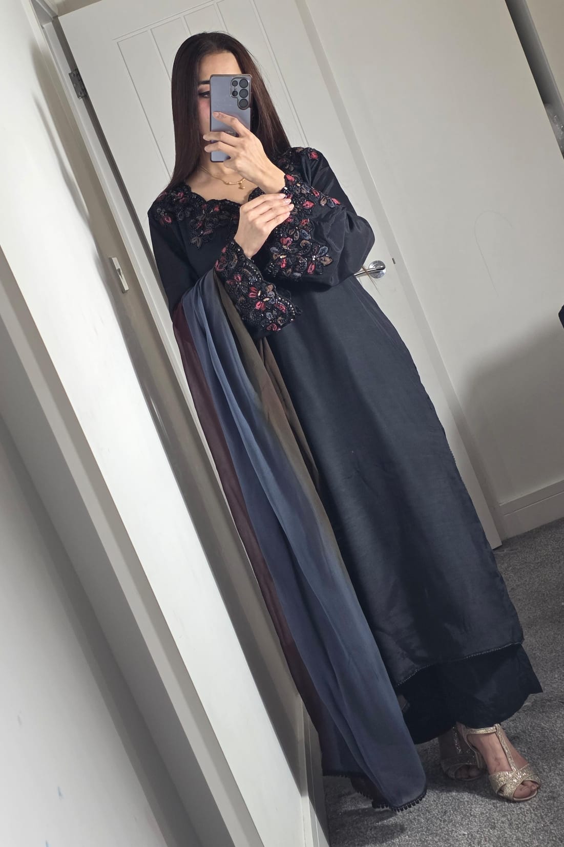 Uznau Raw Silk With Hand Work Three Piece Suit UZ-SLK-BLK09