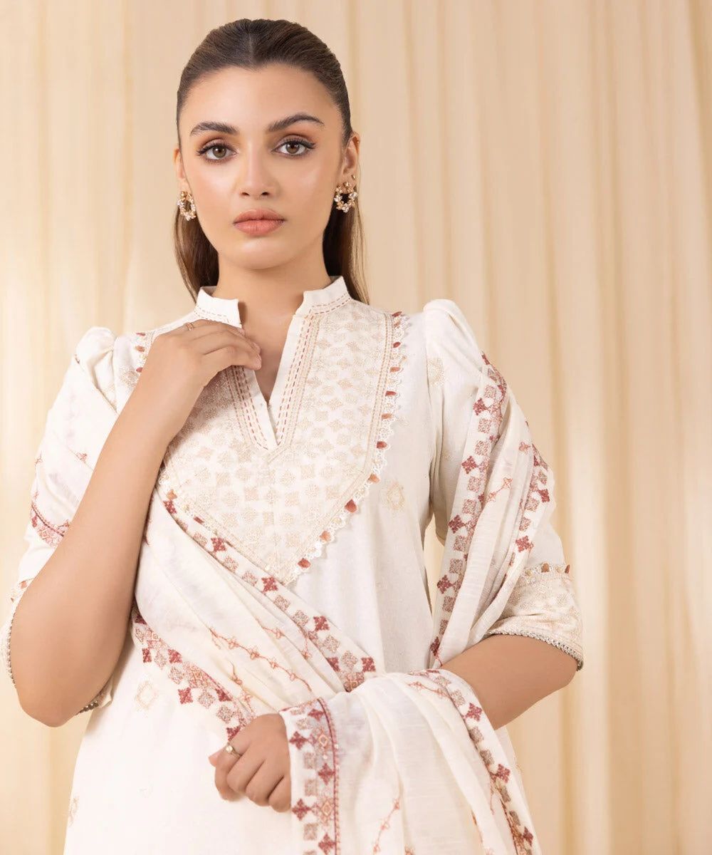 Sapphire Embroidered Cotton Karandi Three Piece Suit SP-CT-WHT01