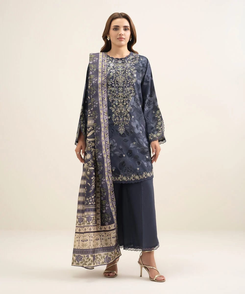 Sapphire Embroidered Slub Linen Three Piece Suit SP-LNN-GRY05