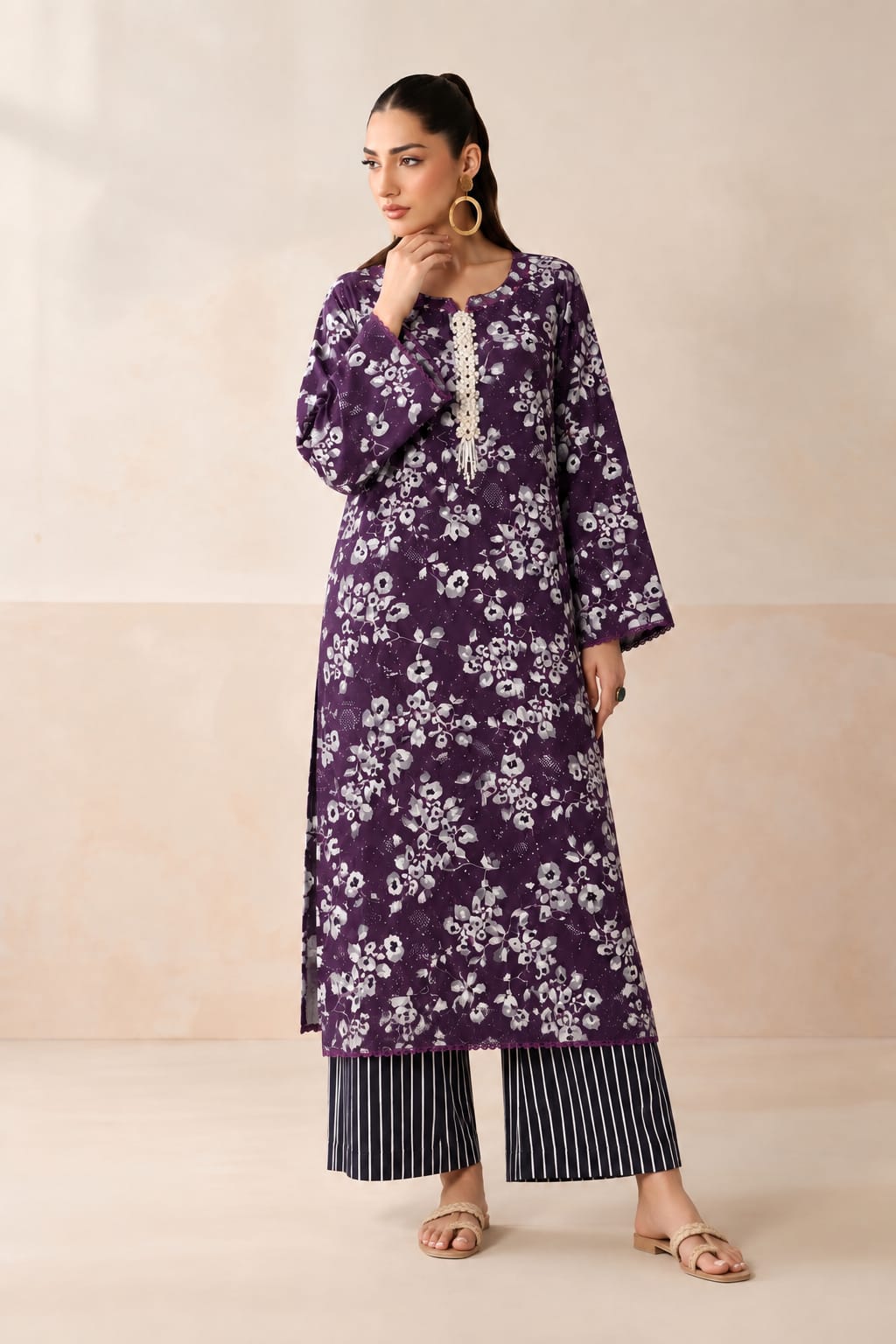 Uznau Embroidred Linen Kaftan Two Piece Suit UZ-LNN-PRP020
