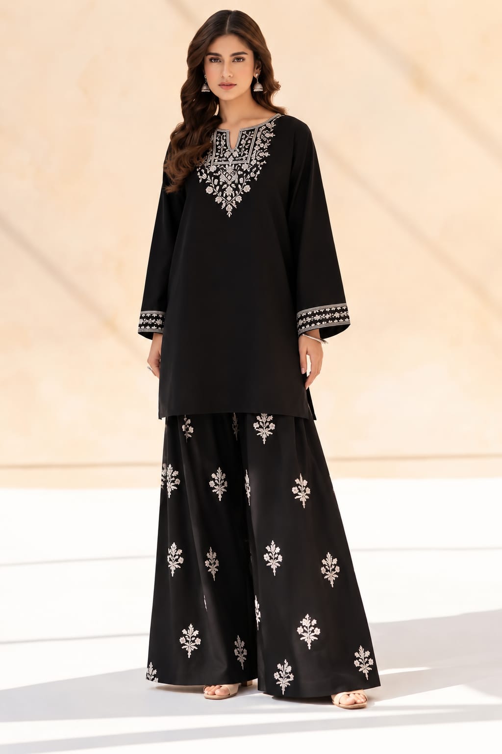 Uznau Embroidered Linen Two Piece Co ord Set UZ-LNN-BLK058