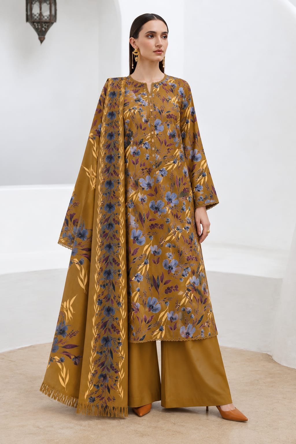 Uznau Twill MarinaThree Piece Suit With Lambs Wool Shawl UZ-MR-MST04