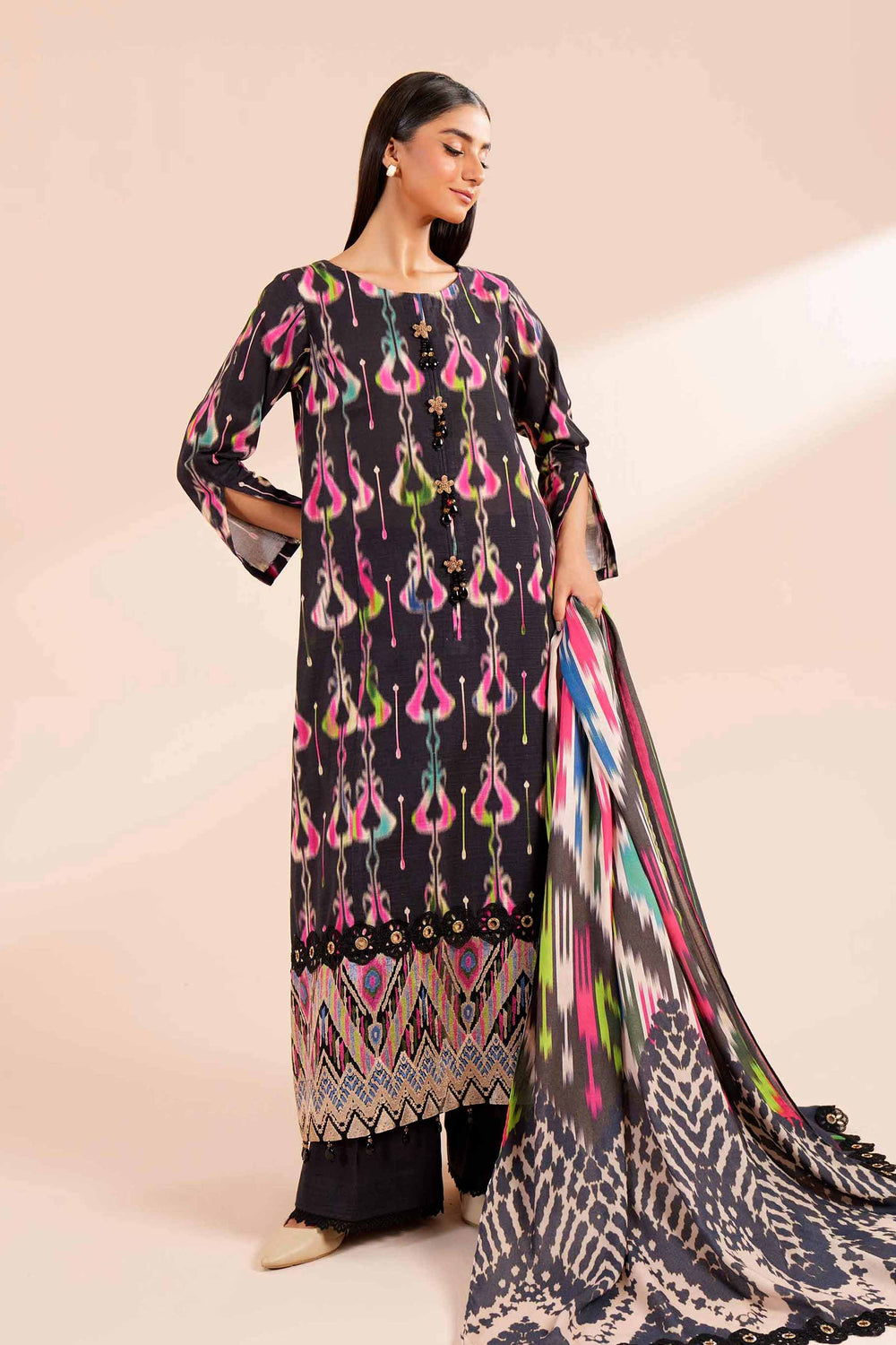 Nishaat Khaddar Three Piece Suit With Shawl NS-KHD-BLK011