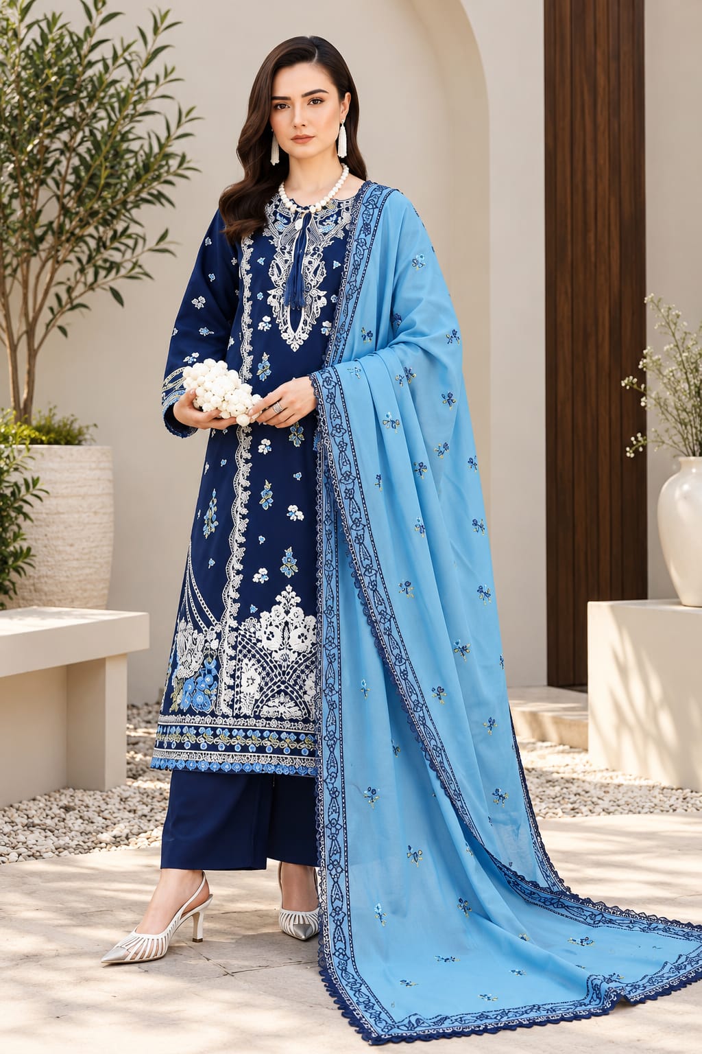 Uznau Embroidered Marina Three Piece Suit UZ-MR-BLU07