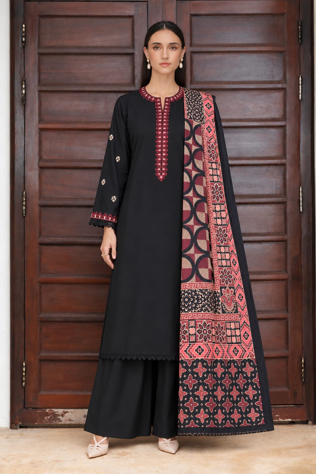 Uznau Embroidered Marina Three Piece Suit UZ-MR-BLK030