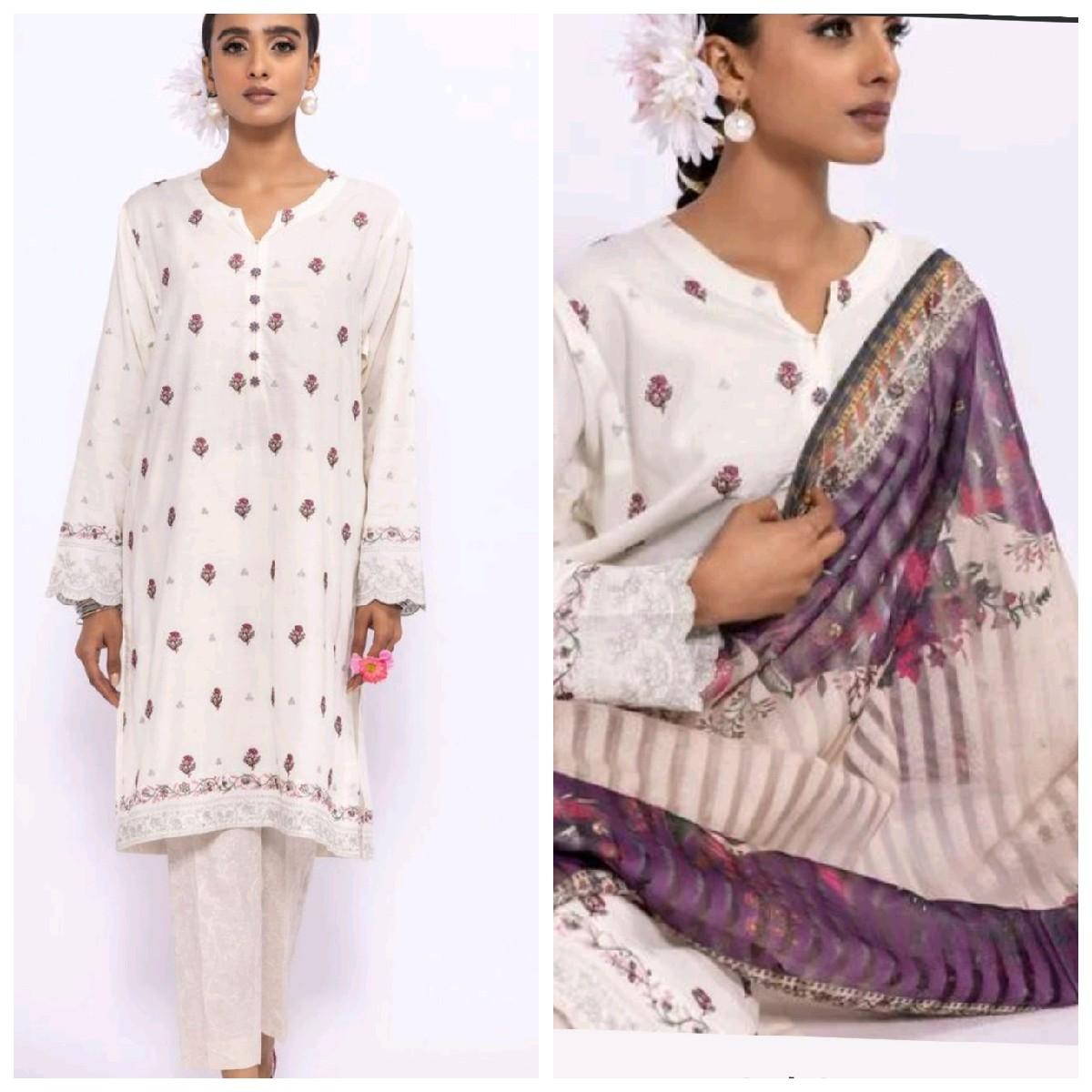 Khaadi Embroided Linen Suit With Organza Dupatta KH-LNN-WHT01