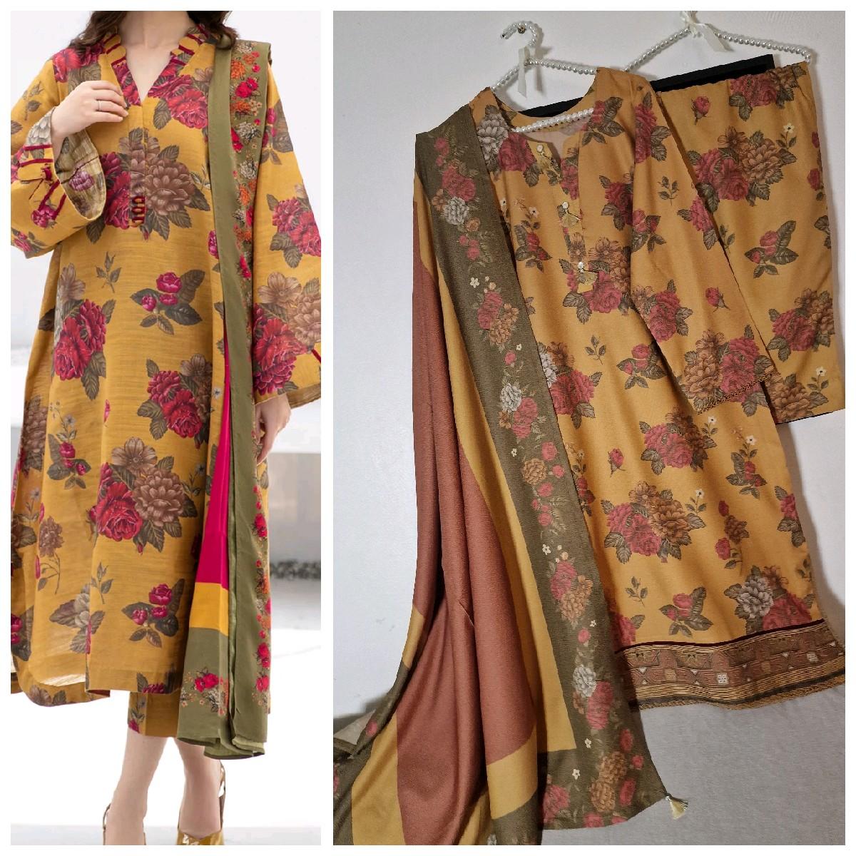 Uznau dhanak wool winter trouser dupatta kameez Floral